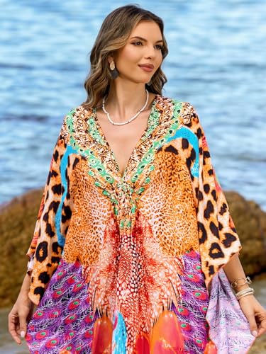 Image of IMAGEKOPE Women's Plus Size Animal Print V-Neck Batwing Kaftan Beach Dress Bathing Suit Cover-Up Loungewear