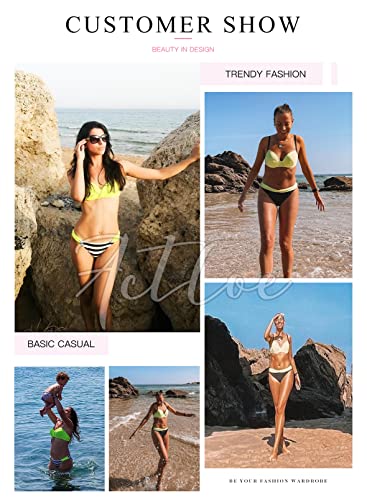 Actloe Women Color Block Bikini Swimsuit Striped Two Pieces Swimwear Push Up Bathing Suit Yellow-2 Medium #TOP4