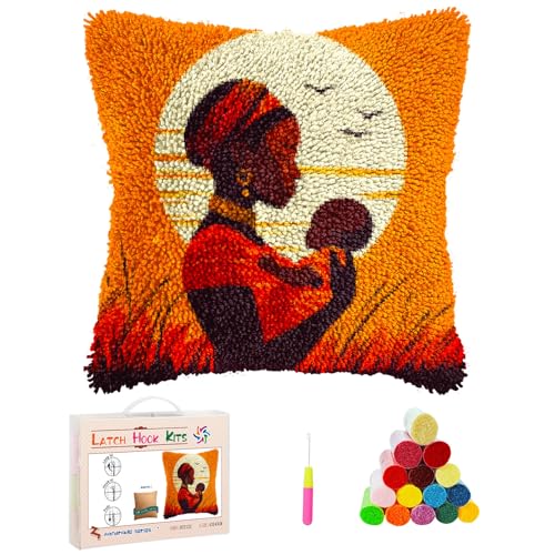 DIY Latch Hook Kits Pillow African Woman Hold Baby Under Sunset Stamped Handamade Pillowcase Crochet Yarn Hook and Latch Emboridery Throw Pillow Cover for Home Sofa Decor 43x43cm(23)
