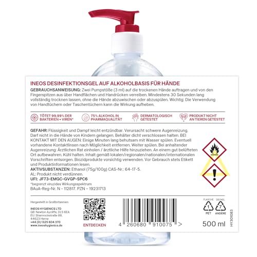 INEOS - Desinfektionsgel auf Alkoholbasis - Händedesinfektion - Gegen Viren und Bakterien - 500 ml x 12 - Parfümfrei, Verpackung Kann Variieren