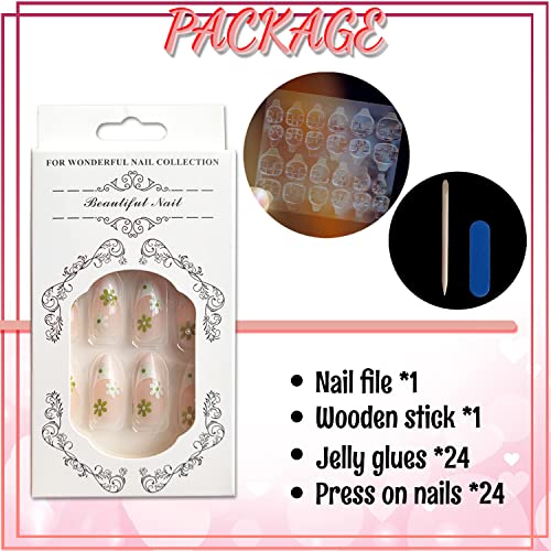 24Pcs Flower Press On Nails Medium Almond French Tip Fake Nails Green Flower False Nails With Pearl Design Glue On Nails Spring Summer Exquisite Glossy Acrylic Nails Stick On Nails For Women Girls #TOP5