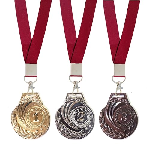 Image of Metal Kids Medals with Ribbon Gold Silver and Bronze Color For1st 2nd and 3rd Prizes for Sports, Competitions, Party (Pack of 1 Set)