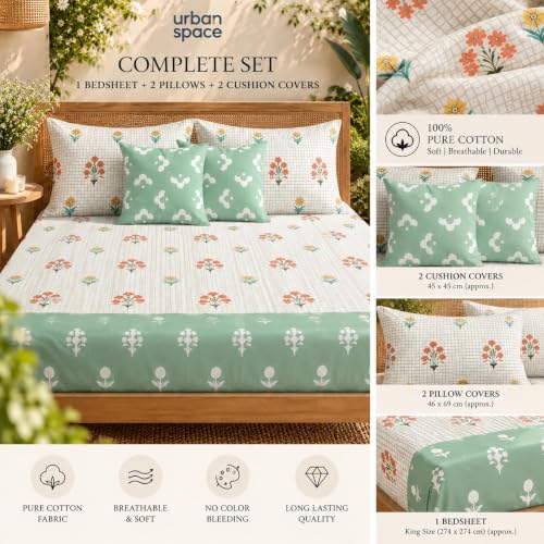 Image of Urban Space 144 TC Divine 100% Cotton Bedsheet for Double Bed with 2 Pillow Covers and 2 Cushion Covers, Queen Bedsheet (Size 90 x 100 inches, Magnolia sage Green, Double Size)