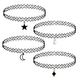 CYMYGS 4-Pack Black Choker Necklace, 90s Style Gothic Lace Stretchable Chokers, Retro Punk Elastic Choker Set for Women