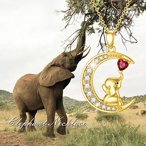 14K Gold Lucky Elephant Necklace With Garnet Moon Necklace With Moissanite Cute Animal Jewelry Gift For Women #TOP5