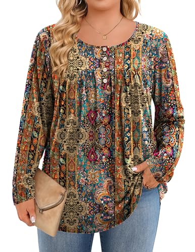 IN'VOLAND Plus Size Tops for Women Long Sleeve Shirts Crew Neck Casual Loose Tunic Blouse Fall and Winter