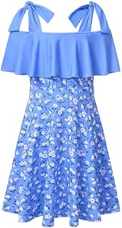 Girl's Tie Shoulder Sleeveless Ruffle Summer Casual Cotton Sundress A-line Swing Dress for 4-12 Years Kids - Buy now