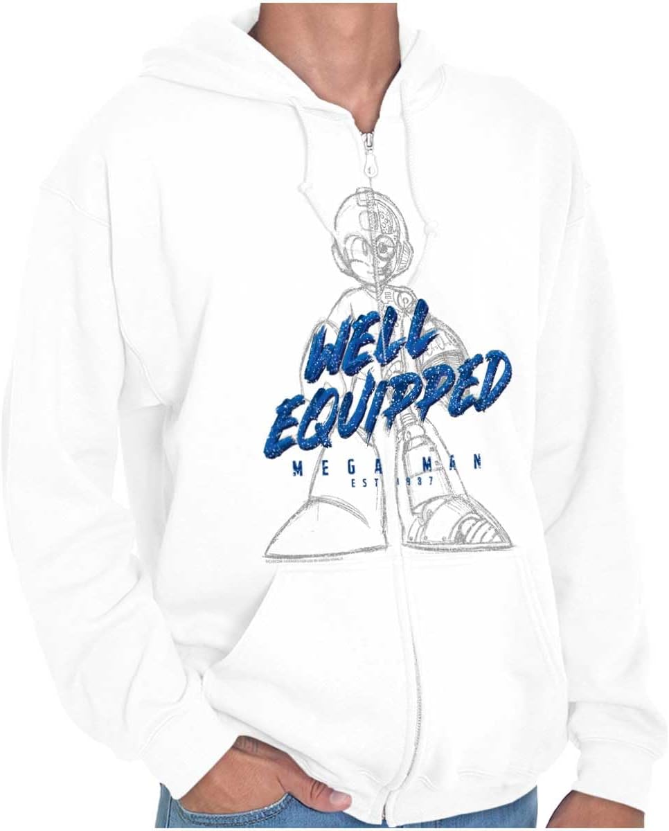 Brisco Brands Mega Man Retro 1990s Anime Cartoon Zip Up Hoodie Mens Womens