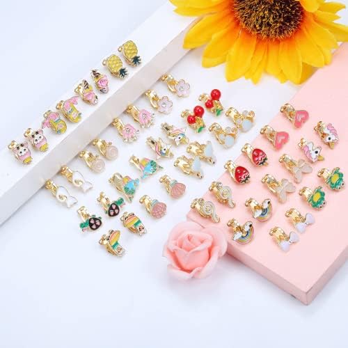 JeryWe 20-24 Pairs Kids Clip on Earrings for Women Girls Princess Play Dress Up Earrings Set for Kids Cute Assorted Colorful Animal Unicorn Heart Flower Rabbit Non Pierced Earrings Set