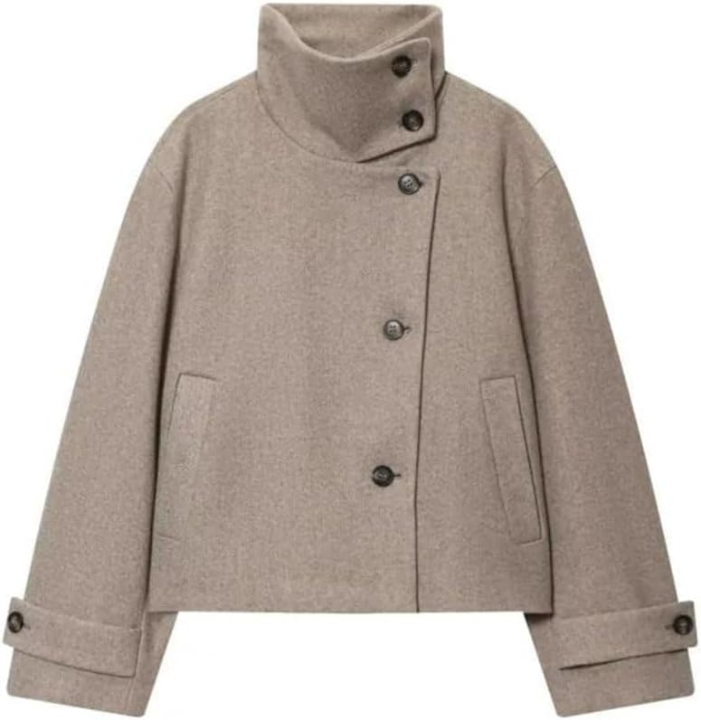 Women's Stand Collar Loose Jacket Cuff Buckle Detail for Autumn Winter Elegant Tops