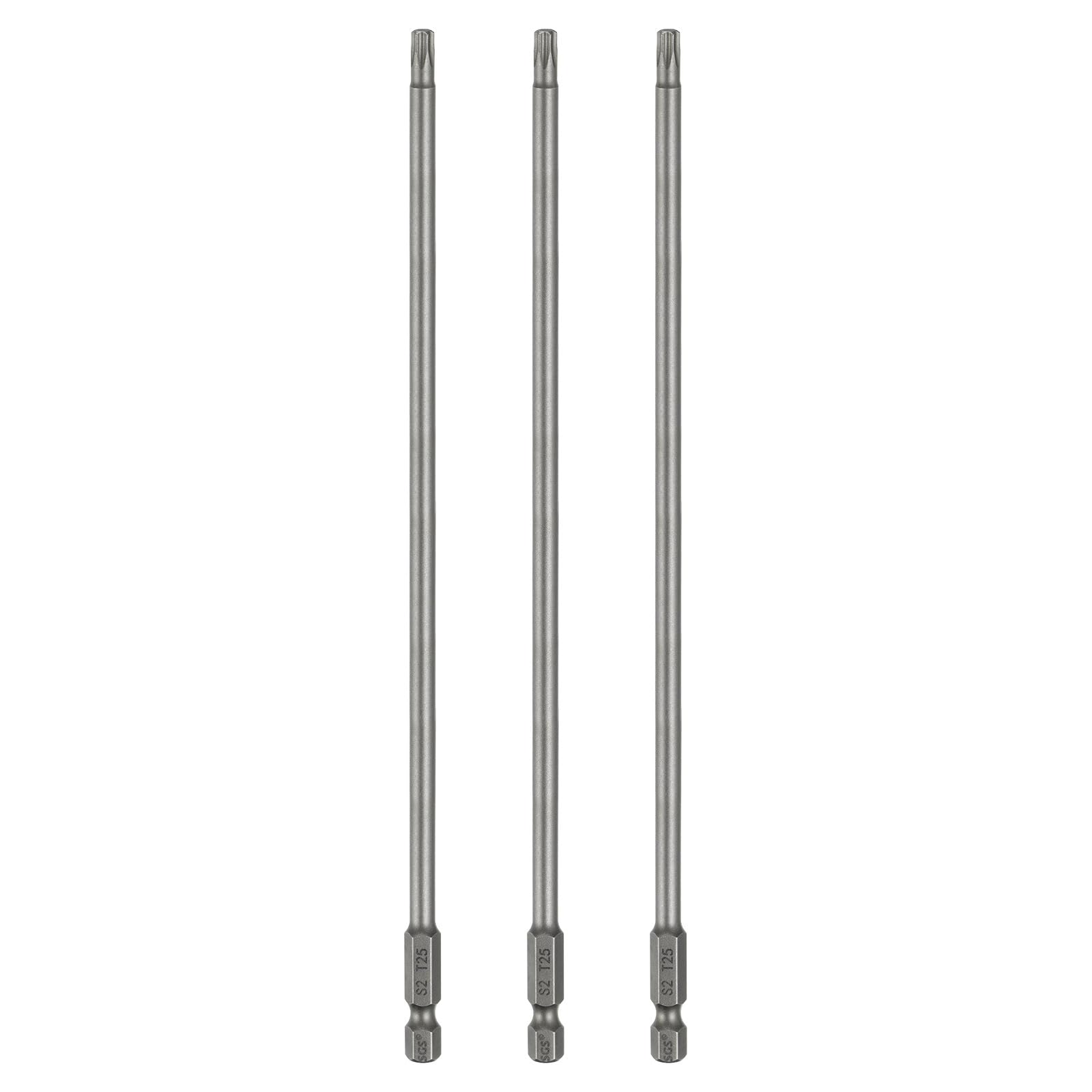 HARFINGTON 3pcs T25 Torx Head Screwdriver Bit 1/4" Hex Shank 8" (200mm) Long Magnetic No Hole Tip Tamper Proof 6 Point Star Screw Driver Drill Bits S2