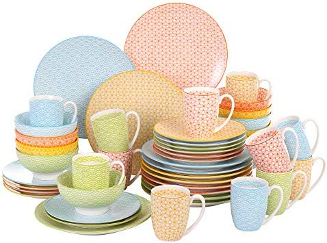 vancasso Natsuki Porcelain Dinner Sets, Colourful Plate Set with Classic Pattern, 16 Piece Dinnerware Sets with Dinner Plate, Dessert Plate, Bowl and Mug. Service for 4