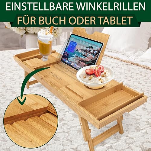 SereneLife 2-in 1 Badewannenablage & Betttablett – Klappbares Tablett für Frühstück im Bett & in der Badewanne aus Bambus – Wasserdichtes Serviertablett, Länge & Höhe Verstellbar– Badewannenbrett Holz