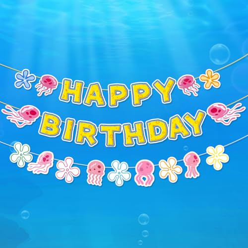 Happy Birthday Banner Yellow Cartoon Party Banner Sign for Kids Underwater Theme Birthday Decorations & Photo Booth Backdrop Hanging Birthday Decor