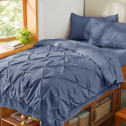 Sasttie Twin XL Comforter Set, 5-Piece Bed in a Bag, Pintuck Bedding Sets for All Season, Includes Comforter, Flat Sheet, Fitted Sheet, Pillowcase and Pillowsham, Indigo Blue