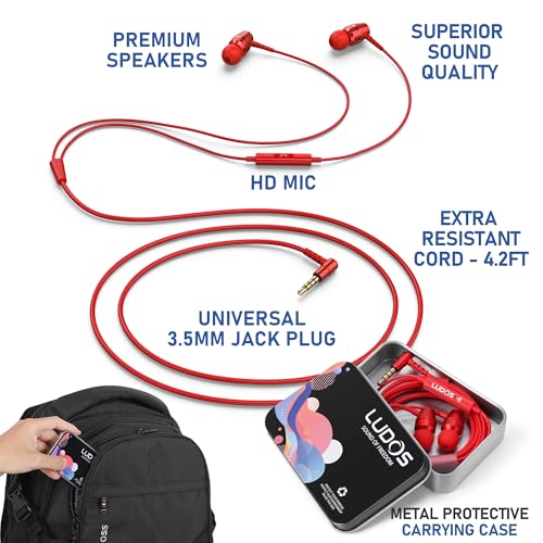 Image of LUDOS OMNITONE Wired Earbuds in-Ear Headphones, 5 Year Warranty, Earphones with Microphone, 3.5 mm Jack Corded Ear Buds, Videoconference for iPhone, Samsung, Laptop, Kids, School Students - Red