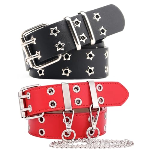 Women Men Double Grommet Studded Belt Punk Rock Gothic for Jeans Pants with Chain