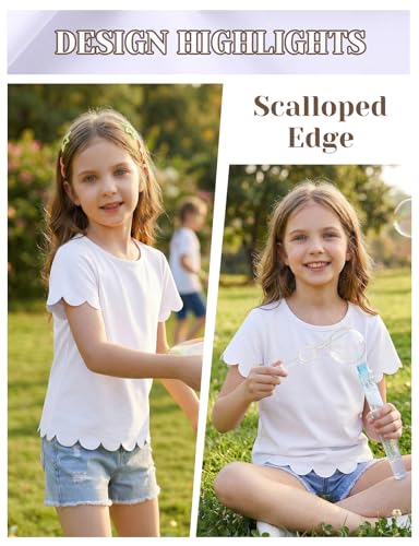 Image of Noomelfish Girls Short Sleeve Scalloped Edge T-Shirts Casual Cute Summer Tee Tops Blouse (5-12 Years)