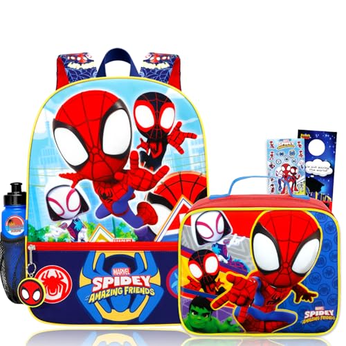 Mochila e lancheira Spidey and His Amazing Friends – Pacote com mochila do Homem-Aranha de 40,6 cm, lancheira, garrafa de água, adesivos, mais | Mochila escolar Aranha para meninos, crianças