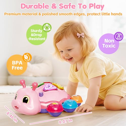 Baby Crawling Toys for 6-12 Months, Musical Toys for Infants 7 8 9 10 11 Months, Early Learning Educational Toy with Sound, Tummy Time Development Toys, Christmas Birthday Gifts for 1 Year Old, Pink