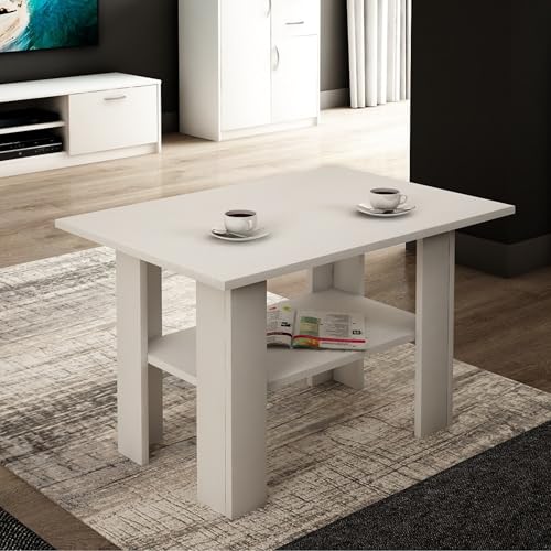 Home Collective Couchtisch mit Ablage Tisch mit Matter Oberfläche Beistelltisch 87 cm breit Loft Design Ideal für Schlafzimmer Wohnzimmer aus laminiertem Holz 1 Ablage für zusätzlichen Stauraum weiß