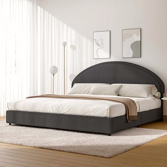 REVOMINCA King Size Bed Frame, Upholstered Platform Bed with Headboard, Boucle Bed Frame with Round Conner, No Box Spring Required, Easy Assembly,