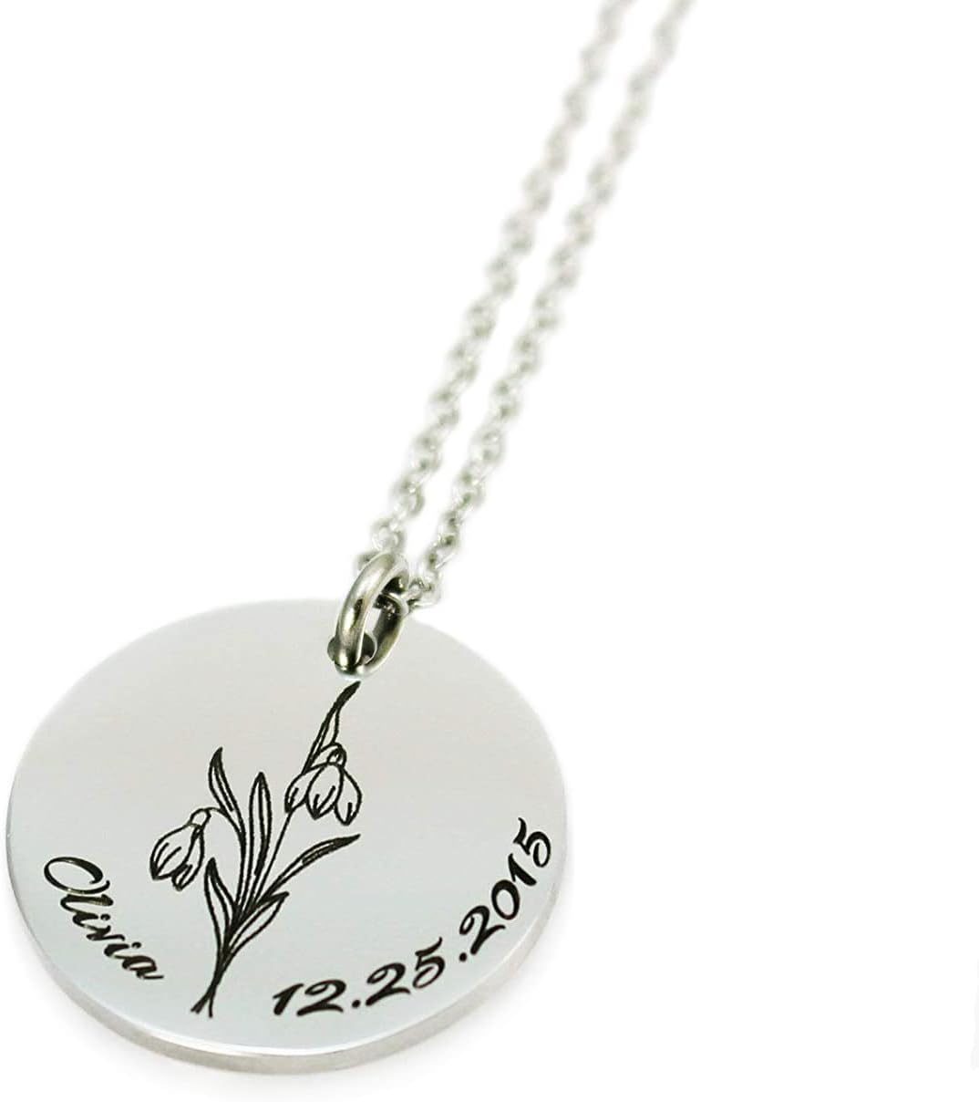 AnnBijoux Personalized Birth Flower Necklace Laser Engraved Birth Month Flower with Name Pendant Stainless Steel Silver Gold Rose Gold Jewelry