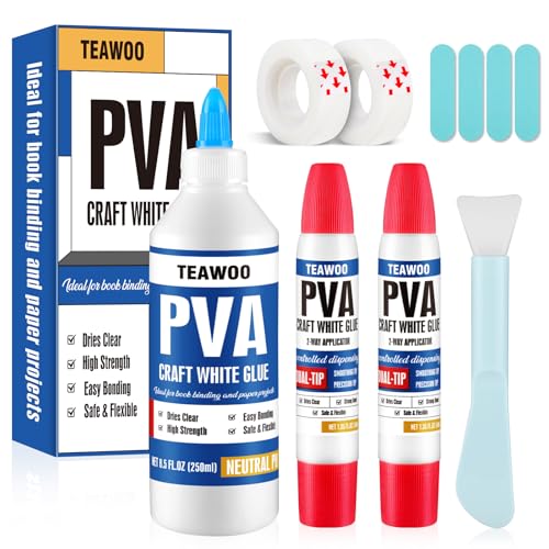 TEAWOO Book Repair & Binding Glue Kit – 8.5 Oz + 2×1.35 Oz Acid-Free PVA Adhesive – Neutral pH, Dries Clear & Flexible for Books, Crafts, Collages & Paper Art, Used for Bookbinding and Book Repair