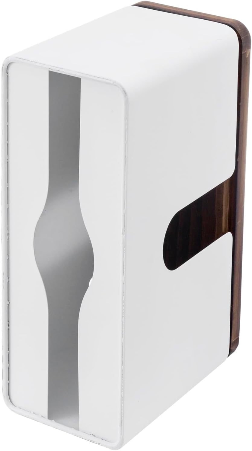 MyGift Deluxe Modern Matte White Metal Folded Commercial Paper Towel Holder with Rustic Burnt Solid Wood Tray Lid, Wall Mounted Trifold Multifold Z Fold Disposable Napkin Dispenser