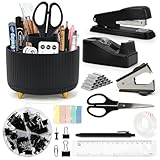 Cute Stationery Set, 13 in 1 Office Supplies & Desk Accessories for Women with Stapler & Staples Set, Pencil Holder, Tape Dispenser, Scissors, Clips, Ruler, Gift for Teachers, Students, Girls (Black)
