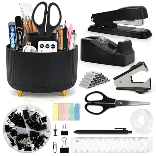Cute Stationery Set, 13 in 1 Office Supplies & Desk Accessories for Women with Stapler & Staples Set, Pencil Holder, Tape Dispenser, Scissors, Clips, Ruler, Gift for Teachers, Students, Girls (Black)