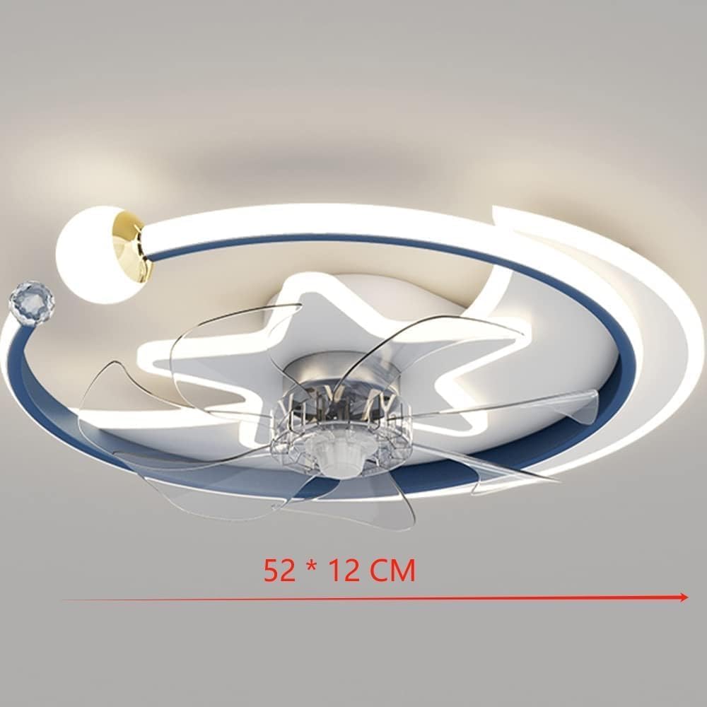 Modern Cartoon Star Moon Round Ceiling Fan Light with Remote Control Three Base Color Dimming Nordic Blue Ceiling Fan Lamp Silent Invisible Fan Ceiling Light for Bedroom Children's Room