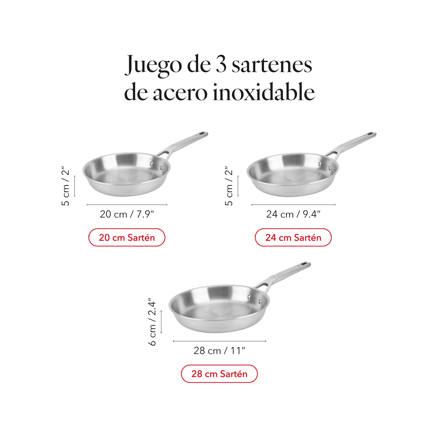 Florina Set Sartenes de acero inoxidable LUCIDA | 20 CM, 24 CM, 28 CM | 3 piezas | 3 capas | Núcleo de aluminio | Apto para horno | Mango ergonómico | Acabado espejo | Todas las cocinas