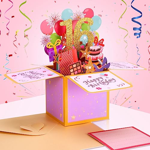 Geburtstagskarte,3D Pop Up Karte Geburtstag Pop Up Grußkarten Glückwünsche Geburtstagskarten mit Umschlag für Mama Frauen Männer Romantik Geschenk-Karte zum 16.Geburtstag (16th)
