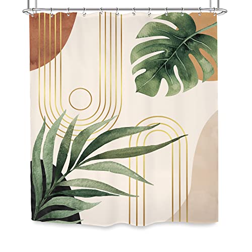 Glawry Green Leaf Mid Century Tropical Bohemian Shower Curtain For Bathroom Boho Abstract Plant Botanical Bathroom 60Wx72L Inches Palm Curve Minimalist Colorful Bath Accessories Art Home Decor Fabric #TOP5