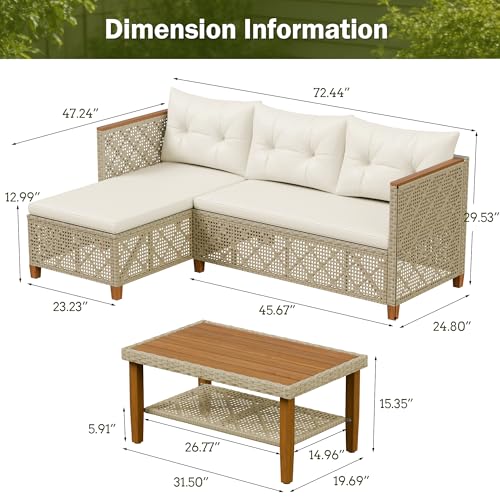 Devoko Patio Furniture Set 3 Piece Outdoor Sectional Sofa Hollow Rattan Patio Seating Sofa with Coffee Table & Ottoman for Deck, Porch, Poolside