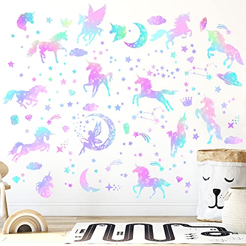 4 Sheets Of Unicorn Peel And Stick Wall Decal Glitter Unicorn And Fairy Wall Stickers Cartoon Wall Decals Removable Diy For Bedroom Playroom Living Room Decor, Unicorn And Fairy #TOP3