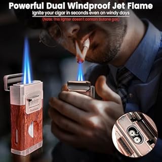 All-in-One Torch Cigar Lighter with Built-in Cigar Cutter V Cut, Cigar Holder, Dual Windproof Jet Flame, Butane Lighter with Gift Box, Cool Lighters for Candle, Smoking, Outdoor Cigar Accessories