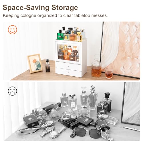 Emfogo Cologne Organizer, 4 Tier Vertical Wood Perfume Stand for Men, Large Capacity Dustproof Perfumes Organizer Cologne Stand with Double Drawer Storage, Gift for Loved ones (White) by Emfogo - Used condition - Image 6