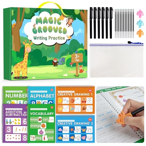 Hoarecal Magic Grooved Writing Practice Book for Kids Ages 3&ndash;8, 6 Reusable Handwriting Practice Books with 6 Pens, 12 Refills, 3 Soft Grips, Preschool Learning Activities Gifts for Boys and Girls