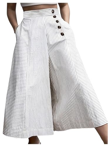 Floerns Women's Striped Baggy Wide Leg Pants Button High Waisted Palazzo Trousers