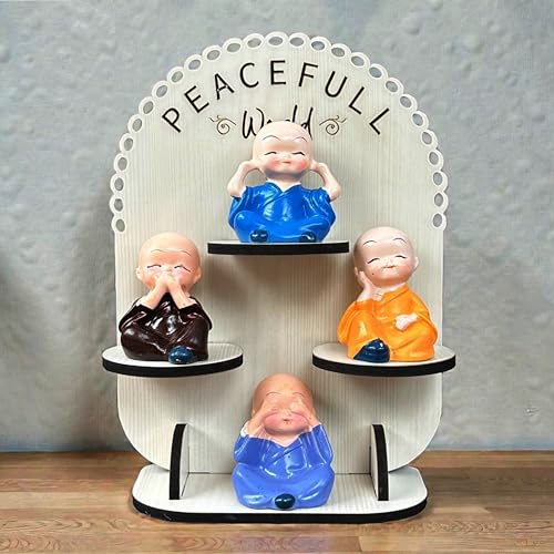 Image of P Arts Buddha Monk Set of 4 Statue Figurines Home Decor Items, Miniature Monk Statues with Wooden Stand, Mini Idol for Living Room, Meditation Spaces, Room Decor (White Budha)