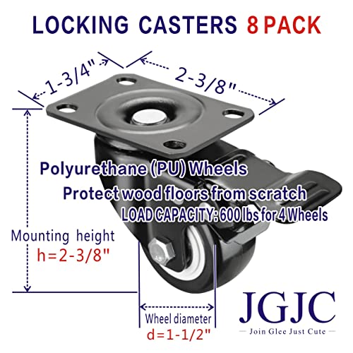 Jgjc Casters 8 Pack Swivel Wheels With Brake, 1.5 Inch Castor Wheels (D=1-1/2", H=2-3/8") With 360 Degree Top Plate (2-3/8"×1-3/4"), Double Locking Double Ball Bearing, 600 Lbs For Casters Set Of 4 #TOP1