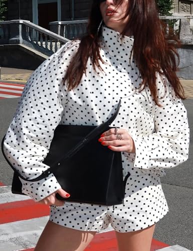 Women's Polka Dot Puffed Jacket Fall High Collar Adjustable Drawstring Hem Coat Outerwear3