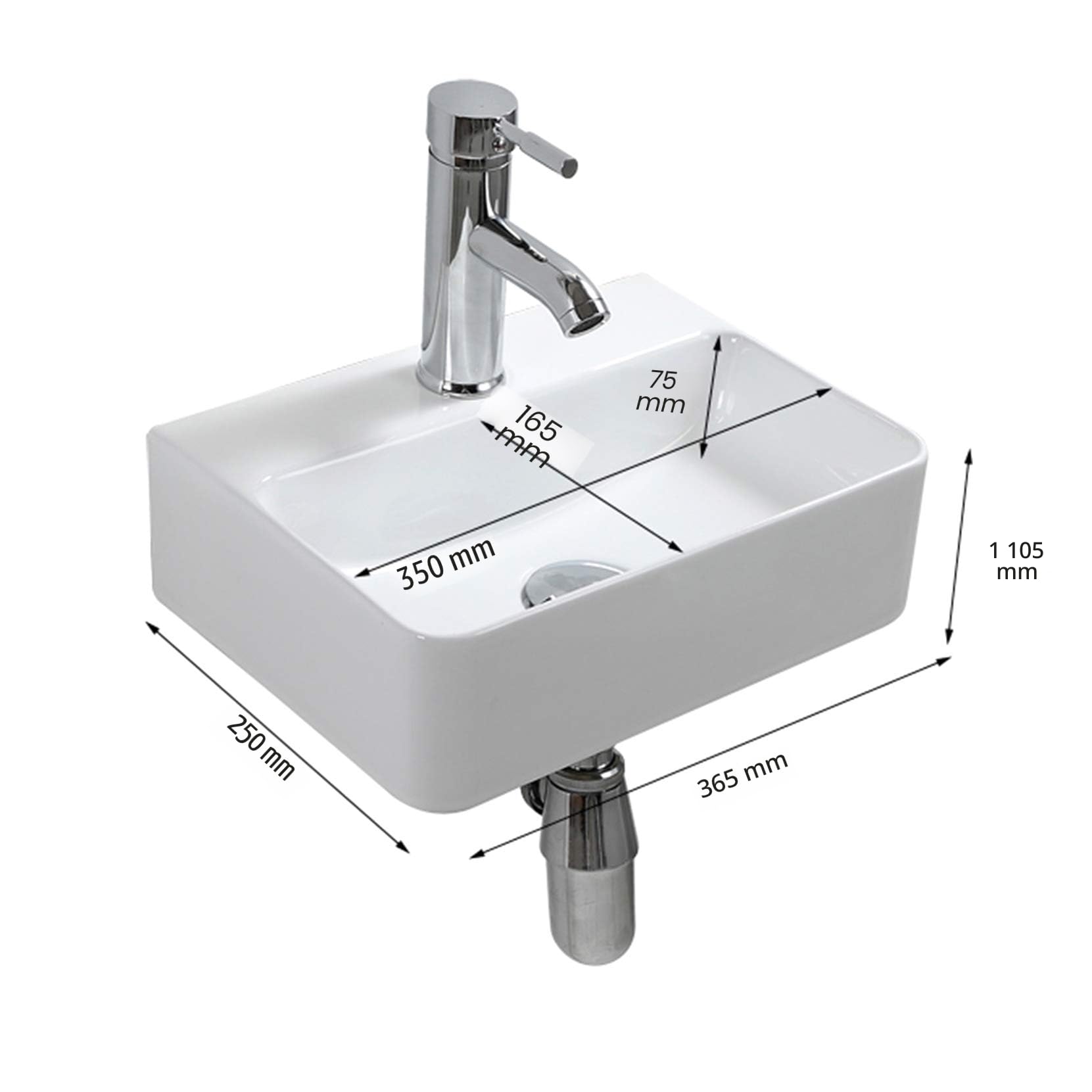 Fregadero compacto de cerámica blanca rectangular, lavabo de baño pequeño montado en la pared, 365 x 250 x 105 mm (estilo 1)