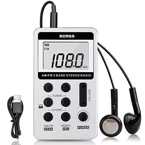Mini Radio Porttil Pequea Mini Radio de Bolsillo Am FM Estreo Sintonizacin Digital Radio con Pantalla LCD Cordn USB Recargable y Auriculares (Silver)