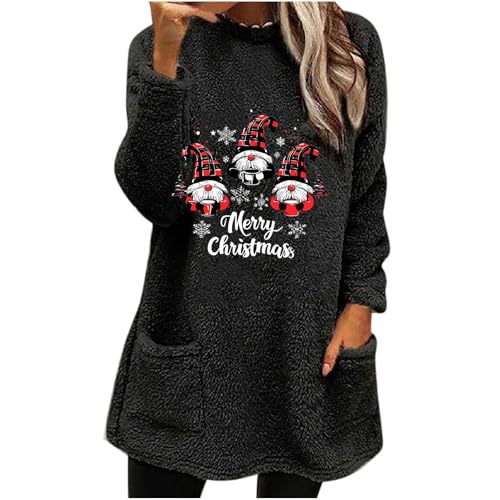 Womens Fleece Christmas Sweatshirts Sherpa Lined Pullover Cute Gnome Graphic Winter Sweater Top Soft Warm Loungewear