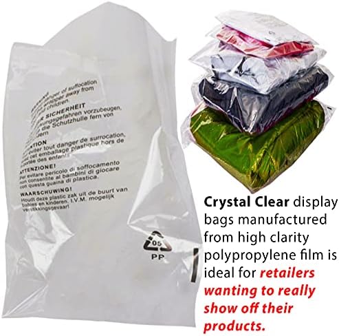 100 x Self Seal Clear Cellophane Plastic Bags (Size - 12 x 15") Transparent Packaging Poly Bags with Suffocation Warning in 5 Languages - Display Garment Bags