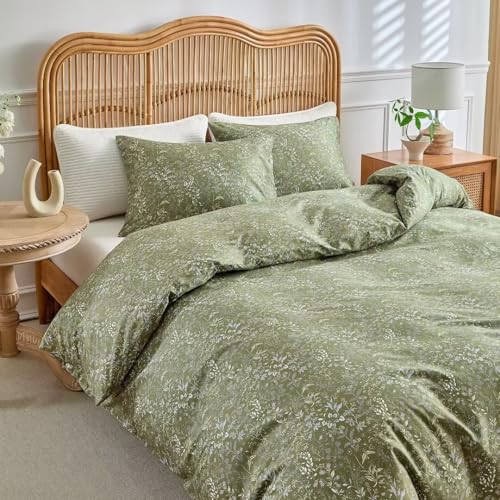 Image of MKXI Duvet Cover Queen Size Boho Bedding 100% Cotton Reversible Floral Duvet Cover Set with Zipper, Soft & Breathable Army Green Bedding Set Botanical Wildflower Duvet Covers