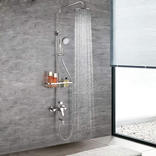 Sistema de Ducha Montado en Pared de Acero Inoxidable, Juego de Ducha de Lluvia Plateado con Estante de Ducha en el Techo, Mezclador de Ducha Ajustable en Altura para Baño de Hotel miniatura 2